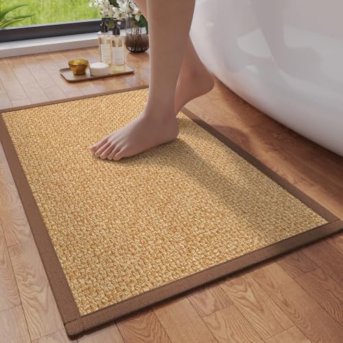 YDKGL Non Slip Bathroom Rugs, Soft Jute-Like Ultra Thin Bath Mats, Rubber Backing Super Absorbent Quick Dry Bath Rug Shower Mat Fit Under Door Bathroom Floor,16"x24" - color: Jute Brown, size: 16" X 24“