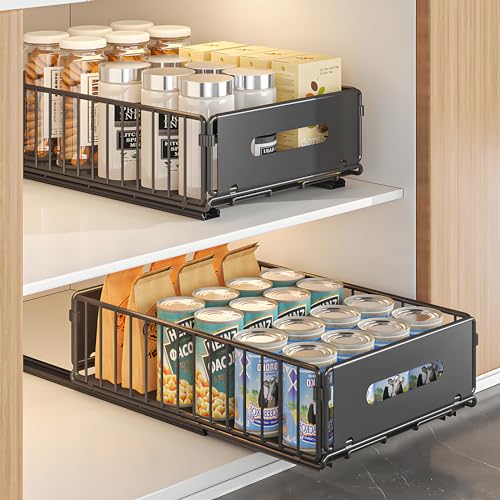 2 Pack Pull Out Cabinet Organizer, Heavy Duty Slide Out Drawer with No Drill Adhesive or Screw Mount, Carbon Steel Roll Out Shelf for Kitchen Cabinet, Pantry & Bathroom Storage - color: Black-2PC, size: 14.8"D X 9.6"W X 3.9"H