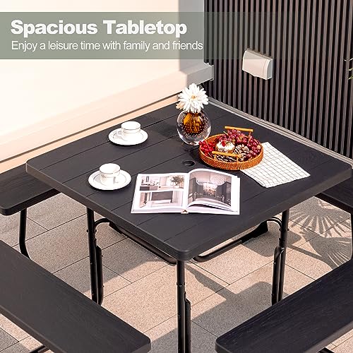 Tangkula 8 Person Picnic Table, Outdoor Square Picnic Table with 4 Built-in Benches, Umbrella Hole, Metal Frame & HDPE Tabletop, Outside Table and Bench Set for Backyard, 2300lbs Weight Capacity - color: Black