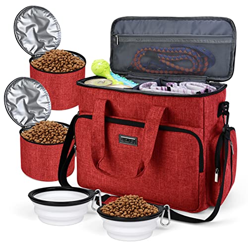 BAGLHER Dog Travel Bag, Pet Travel Bag (ALL Pet Travel Supplies), With 2 Pet Food Containers and 2 Collapsible Silicone Bowls; Essential Kits for Pet Travel Red - color: Red, size: Large