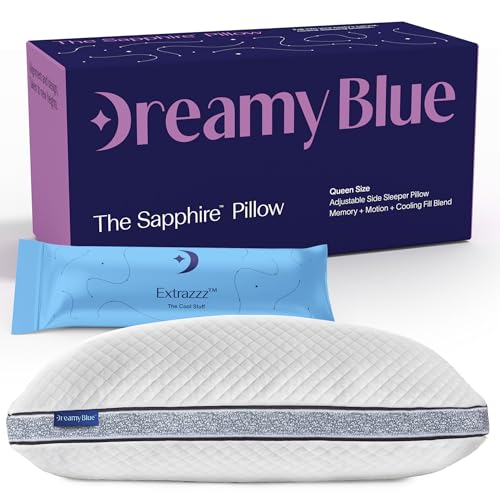 DreamyBlue Gusseted SAPPHIRE Pillow • Adjustable Loft, Luxury Cover, Shredded Memory Foam Fill w/Airflow Beads •Ideal For Wide Shoulders •Neutral Alignment for All • CertiPUR-US Certified Foam (Queen) - size: Sapphire Queen