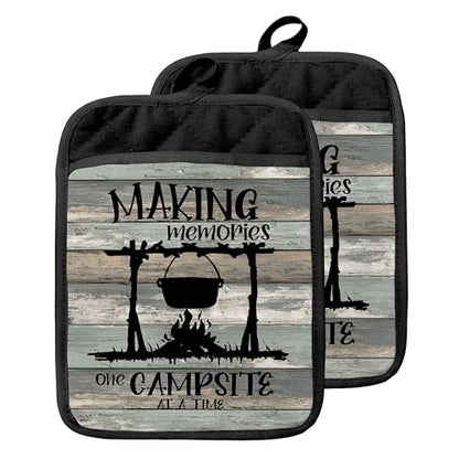 Rustic Camping Pot Holders with Pockets, Gifts for Camping Lovers, Making Memories One Campsite at a Time Oven Pot Holders Heat Resistant Oven Mitts Hot Pads for Kitchen Baking Cooking - color: Campfire-b