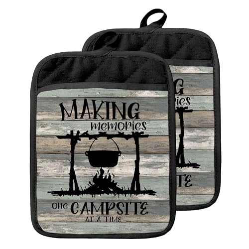Rustic Camping Pot Holders with Pockets, Gifts for Camping Lovers, Making Memories One Campsite at a Time Oven Pot Holders Heat Resistant Oven Mitts Hot Pads for Kitchen Baking Cooking - color: Campfire-b