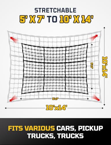 AUTOWN Cargo Net for Pickup Truck Bed - Stretchable 5' x 7' to 10' x 14' with 4" x 4" Mesh, Heavy Duty 10mm Cord Bungee Bed Netting with 12 Metal Carabiners - Ideal for ATV, SUV, UTV and Truck - size: 5' x 7'