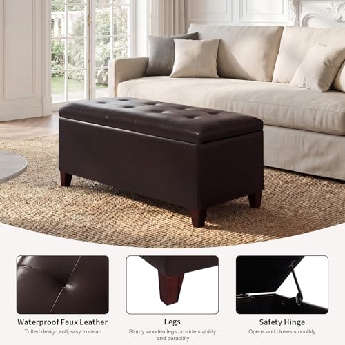 Asense Storage Ottoman Bench, 33" Faux Leather Upholstered End of Bed Bench with Safety Hinge,Wooden Legs,for Entryway Bedroom Living Room,Chocolate Brown - color: 33" Chocolate Brown Faux Leather
