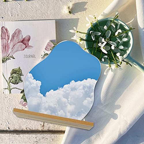 Irregular Aesthetic Vanity Mirror, Frameless Acrylic Decorative Desk Tabletop Mirror with Wooden Stand Funky Makeup Mirror for Living Room Bedroom and Minimal Spaces Home Decor (Cloud Shape), White