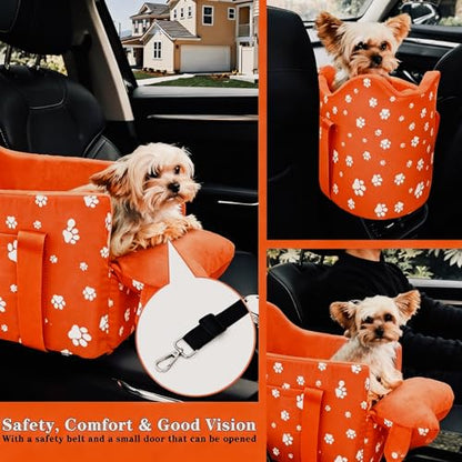 Center Console Dog Car Seat, Tomato Red | Safe Travel for Small Dogs Under 15 lbs, Detachable Washable Pet Carrier, Storage Pockets, Safety Leash - color: Tomato Red