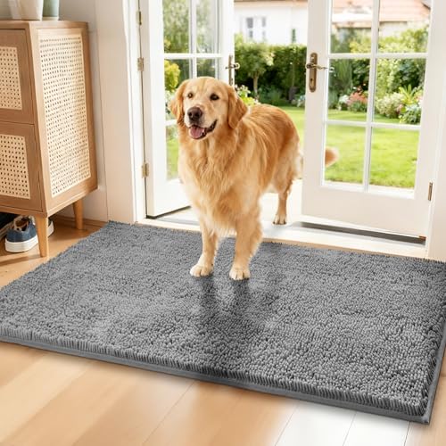Chenille Absorbent Front Door Mat 72" x 24", Dog Door Mat for Muddy Paws, Trap Dirt Doormat, Mud Mat for Dogs, Washable Non Slip Outdoor Indoor Doormats for Entryway, Light Grey - color: Light Grey, size: 72"L x 24"W x 1"Th