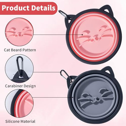 2Pack Silicone Collapsible Dog Bowls, Cute Pet Ear Shape and Cat Graphic Travel Water Bowl Full of Pet Atmosphere 25oz Portable Feeder for Small Large Dog Walking Hiking Camping (Pink and Grey) - color: Pink and Grey