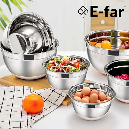 E-far Stainless Steel Mixing Bowls with Lids Set, 5-Piece Nesting Salad Bowls with 3 Grater Attachments and Non-Slip Bottoms, Size 4.6, 2.6, 2, 1.5, 1QT for Kitchen (Khaki) - color: Khaki, size: 5 Regular Sizes