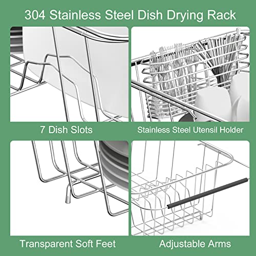 JAQ Over Sink Dish Drying Rack for Small Sink, Compact Expandable 14.25"–22.44", Adjustable 304 Stainless Steel Dish Drainer with Utensil Holder, Space Saving for Small Kitchen - size: 304 Stainless Steel - 9 dishes