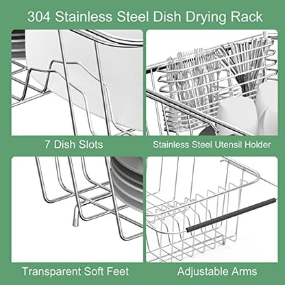JAQ Over Sink Dish Drying Rack for Small Sink, Compact Expandable 14.25"–22.44", Adjustable 304 Stainless Steel Dish Drainer with Utensil Holder, Space Saving for Small Kitchen - size: 304 Stainless Steel - 9 dishes