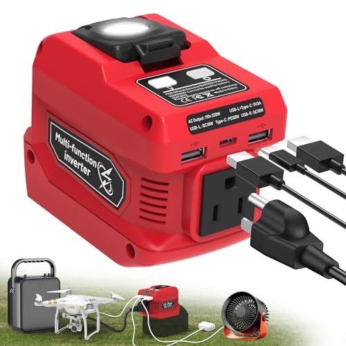 220W Power Inverter Compatible with Milwaukee 18V Battery, DC 18V to AC 110V Battery Inverter, Power Station Generator with 1 AC Outlet, 2 USB Ports & 1 Type-C Fast Charging, 400LM LED Work Light - color: Red, size: 1-PACK