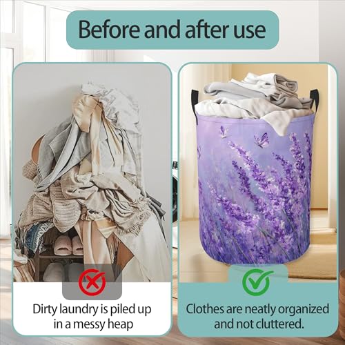 Purple Lavender Round Laundry Basket Collapsible Laundry Hamper with Handles Toys Clothes Organizer Bin For Home Bathroom Bedroom Dorm Nursery - color: Purple Lavender