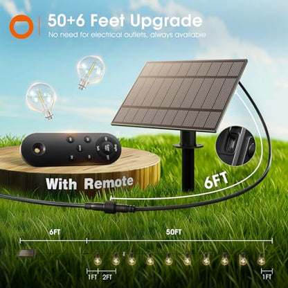 addlon 56FT(50+6) Solar String Lights Outdoor with Remote, 27 Shatterproof G40 Bulbs, Solar Powered & USB Charging Patio Lights, Dimmable Waterproof Solar String Lights for Outside, Camping, Backyard - size: 50FT