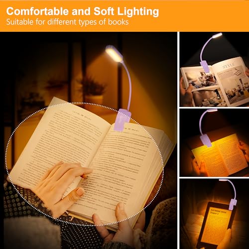 Gritin 16 LED Rechargeable Book Light for Reading in Bed- Eye Caring 3 Color Temperatures, Stepless Dimming Brightness, 80 Hrs Runtime, Lightweight Flexible Clip on Light for Book Lovers-Purple | Eye Caring 3 Color Temperatures, Stepless Dimming Brightnes