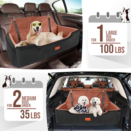 HEGGCOOE Large Dog Car Seat Under 100 lbs, Washable Dog Car Bed for 2 Medium Dogs, Detachable Pet Booster Seat with Storage Pocket and Seat Belt for Back Seat Dog Travel Bed - color: Black/Brown