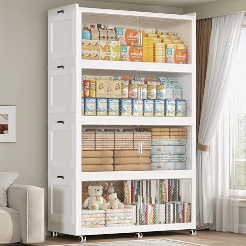 800QT Storage Bins with Lid Extra Large Stackable Closet Organizer Plastic Container Box, 200Gal 3-Tier Collapsible Cabinet with Wheels and Doors for Living Room Kitchen Office Dorm, White - color: White Clear, size: 200QT-4Pack