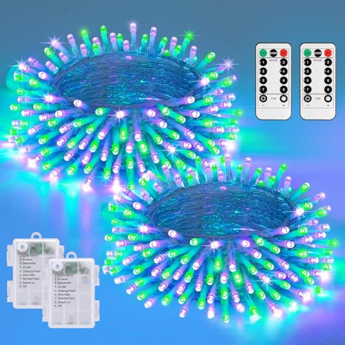 JMEXSUSS 2 Pack Battery Operated Halloween Lights with Remote, Total 66FT 200 LED Purple and Green Halloween Lights Indoor Outdoor, 8 Modes String Lights for Outside Yard Tree Front Porch Room House - color: Purple&Green, size: 2*100LED