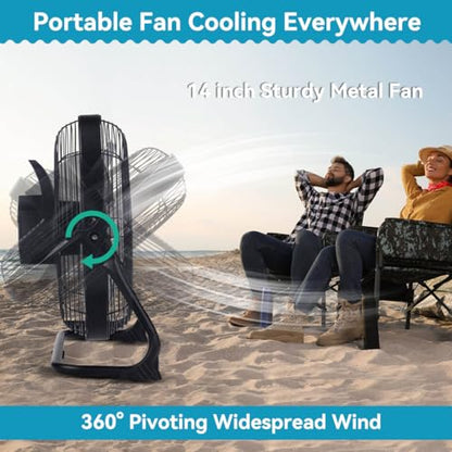 ZZE 14 Inch Battery Operated Fan Rechargeable with Solar Panel, Upgraded with High Airflow Metal Blade Camping Fan, Cordless, Quiet, USB Phone Charge, 5-75H Working Time - size: 14 Inch Solar