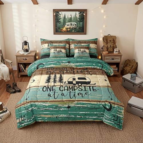 Erosebridal Camper Decor 7 Piece Twin Bed Set - Includes Comforter & Sheet Set Happy Camping Bedding - Rustic Farmhouse Vintage Wooden Door Bedding Comforter Sets for Kids Teens Adult, Green Brown - color: Green Brown Black, size: Twin