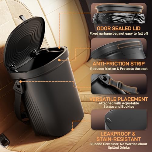 Waretary Trash Can for Car Garbage: Leakproof Silicone Car Waste Bin w/Lid for Drivers and Passengers; 2 Gallon Garbage Container for Vehicle, Sedan, SUV, Van, MPV & Truck (Black) - color: Black