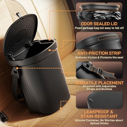 Waretary Trash Can for Car Garbage: Leakproof Silicone Car Waste Bin w/Lid for Drivers and Passengers; 2 Gallon Garbage Container for Vehicle, Sedan, SUV, Van, MPV & Truck (Black) - color: Black