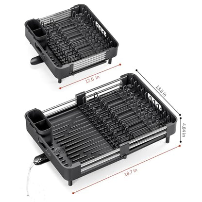 TOOLF Dish Drying Rack Expandable Drainer w/Cutlery & Cup Holder, Black | Stainless Steel &PP, Extenable 12.6" to 18.7"D, Anti-Rust, Auto-Drainage, Space-Saving, Fit for Various Sink Countertops - color: Black