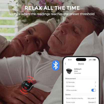 Wellue O2Ring-S Oxygen Monitor with Vibration Reminder, Bluetooth Pulse Oximeter Tracks SPO2 and Pulse Rate, 24 hrs Battery Life, 4*10 Hours Built-in Memory, Rechargeable Pulse Ox with Free PC & APP - size: Standard