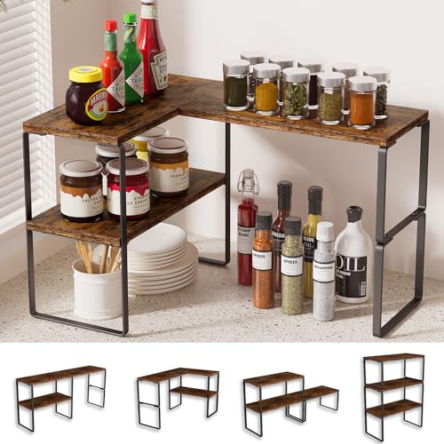 Golener Countertop Organizer Corner Shelf, 2-Tier Adjustable Stackable Corner Shelves for Kitchen, Spice Rack, Coffee Area, Over Sink, Bathroom, Dresser Table, Corner Counter Shelf Stand, Rustic Brown - color: Rustic Brown, size: Medium Standard