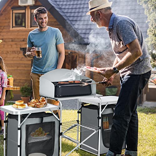 GYMAX Folding Camping Table, Portable Kitchen Table with 2 Zipper Organizer Shelf & Wind Screen, Foldable Cooking Table for Camping Hiking Picnic BBQ (Grey) - color: Grey