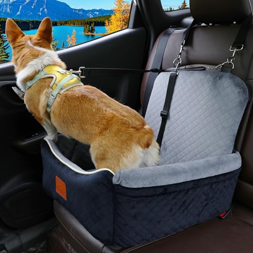 Dog Car Seat Bed 2 in 1 for Small/Medium Dogs up to 35 lbs,Adjustable Safety Leashes,Memory Foam with Soft Fabric Pets Travel Car Bed,Easily Installed in Front and Back seat,Removable and Washable. - color: Grey