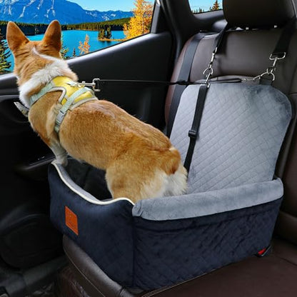 Dog Car Seat Bed 2 in 1 for Small/Medium Dogs up to 35 lbs,Adjustable Safety Leashes,Memory Foam with Soft Fabric Pets Travel Car Bed,Easily Installed in Front and Back seat,Removable and Washable. - color: Black outside Brown inside