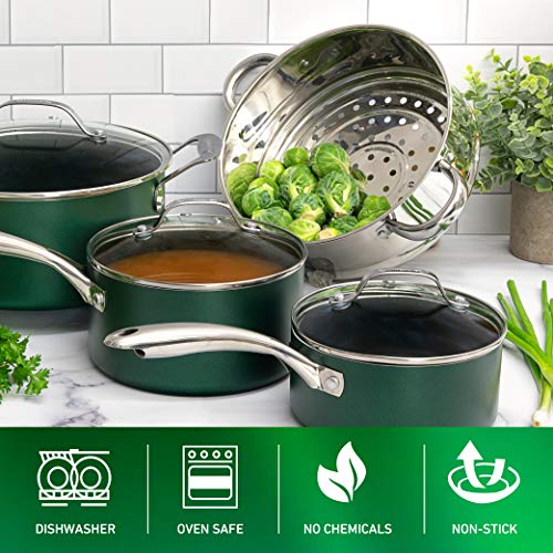 Granitestone Diamond Granite Stone Classic Emerald Pots and Pans Set with Ultra Nonstick Durable Mineral & Diamond Tripple Coated Surface, Stainless Steel Stay Cool Handles, 10 Piece Cookware, Green… - color: Emerald Green