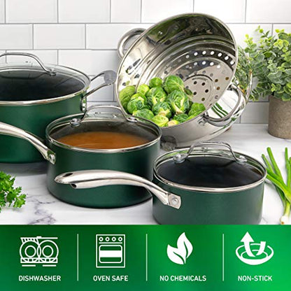 Granitestone Diamond Granite Stone Classic Emerald Pots and Pans Set with Ultra Nonstick Durable Mineral & Diamond Tripple Coated Surface, Stainless Steel Stay Cool Handles, 10 Piece Cookware, Green… - color: Emerald Green