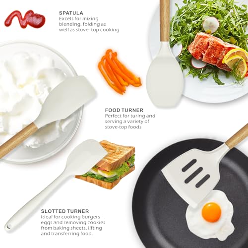 oannao Silicone Cooking Utensils Set - 446°F Heat Resistant Silicone Kitchen Utensils for Cooking,Kitchen Utensil Spatula Set w Wooden Handles and Holder for Non-Stick Cookware (Cream White) - color: Cream White