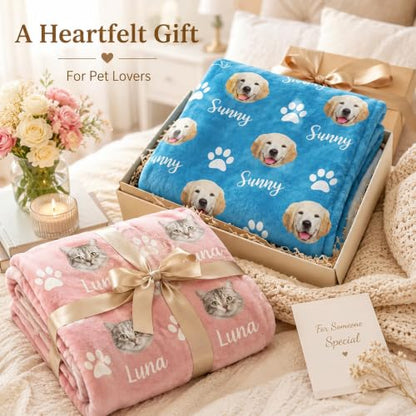 Personalized Dog Blanket, Customized Pet Blankets with Name Picture, Throw Blanket for Small Medium Large Dog Puppy Cat - color: B-blue