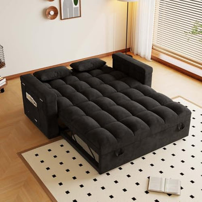 65" Foldable RV Love Seat Sofa, Modern Velvet Pull Out Couch with Table Board and UAB, Convertible Love Seat Sofa Bed with Adjustable Back and Pillow for Living Room, Small Spaces(Black, 2 Seat) - color: Black, size: 2 Seat
