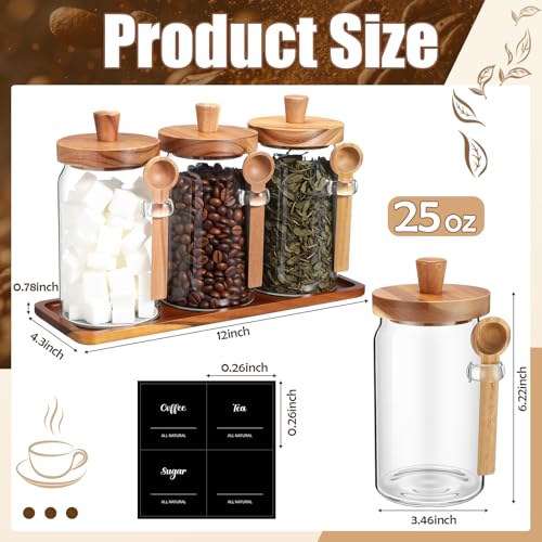 Suclain 3 Pcs Glass Coffee Container with Wooden Lid Spoon Shelf Labels Clear Airtight Jar Food Storage Canister Set for Sugar Spice Coffee Bean Holder Housewarming Gift(25 oz,Acacia Brown) - size: 25 oz