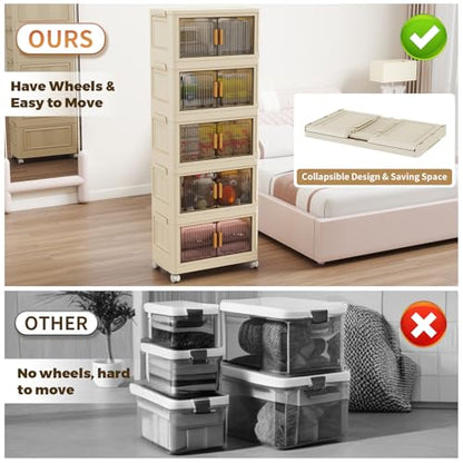 5 Tier Stackable Plastic Storage Bins with Lids 48QT, Collapsible Closet Organizers and Storage with Wheels for Living Room,Office,Dorm - size: 48Qt-5pack