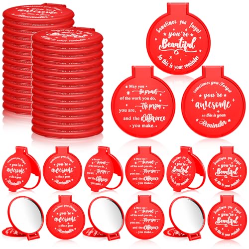 Wenqik 64 Pcs Inspirational Mini Compact Mirrors Bulk, Women Small Gifts Bulk, Group Team Party Favors, Mini Pocket Purse Mirror for Travel, Client, Guest, Wedding, Birthday, Cheerleader (Red) - color: Red