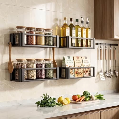 Wall Mounted Spice Rack, Black, 4 Pack | 4 Hooks Included, Screw or Adhesive Installation, For Stove Cabinet Pantry Door, Kitchen and RV Use - size: 4 pack