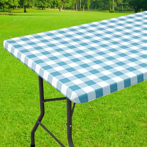 Smiry Rectangle Picnic Table Cloth, Elastic Waterproof Fitted Vinyl Tablecloths, Flannel Backed Buffalo Plaid Table Covers for Dining, Camping, Outdoor (White and Aqua, 24" x 48") - color: Aqua and White, size: 48" x 24" (Rectangular)