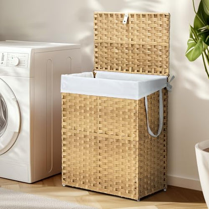 DUMOS Woven Laundry Basket with Lid, 90L Large Capacity Hamper, Removable & Machine-Washable Liner, Foldable Rattan Clothes Hamper, Sturdy Steel Frame, Odor Control, Goose Yellow - color: Goose Yellow, size: 90L