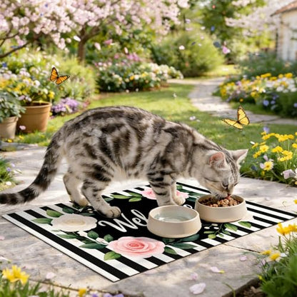HOMETITUTE Pet Feeding Mat Black White Stripe Pattern 20" x 12", Welcome Sign Flower Design Non Slip Dog Cat Food Mat, Easy Clean Fast Dry Absorbable Pet Bowl Mat for Food and Water - color: colorful9