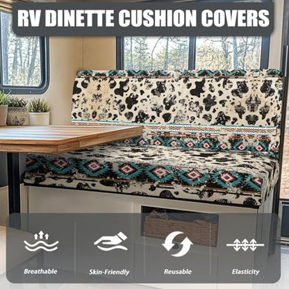 Aztec Cow Print RV Seat Covers Dinette Booth Cushions Retro Camper Cushion Covers 2 Cushion Couch Cover for RV Sofa Stretchy RV Bench Seat Covers for Travel Trailer Couch - color: Aztec Cow Print