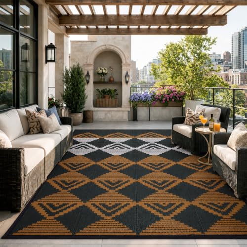 Lahome Waterproof Outdoor Patio Rug 9x12, Reversible Large Outdoor Rug for Patios, Camping Rugs for RV Backyard Deck Picnic Beach Trailer (Black/Brown, 9' x 12') - color: Black/Brown/Checkered, size: 9'x12'