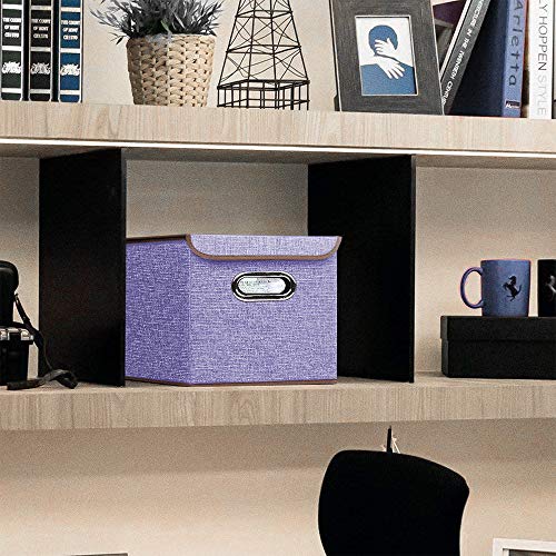 Storage Bin [Set of 4] Linen Fabric Foldable Container with Lid, Collapsible Organizer Boxes Cubes – 10 x 10 x 10 Inches (Purple) - color: Purple