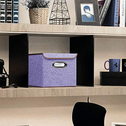 Storage Bin [Set of 4] Linen Fabric Foldable Container with Lid, Collapsible Organizer Boxes Cubes – 10 x 10 x 10 Inches (Purple) - color: Purple
