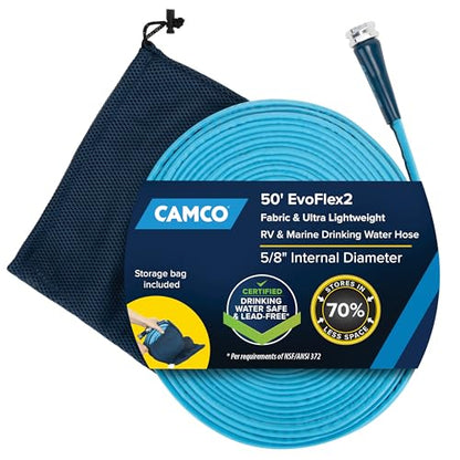 Camco EvoFlex2 50-ft Drinking Water Hose - RV Drinking Water Hose Reinforced with Fabric & Ultra Lightweight - Contains No Lead, No BPA & No Phthalate - Abrasion Resistant (22579) - size: 50-Foot, style: Expandable Fabric